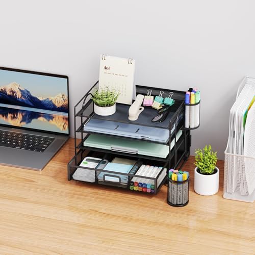 Marbrasse Desk Organizer and Accessories4-Tier Paper File Letter Tray Accessories & Workspace Desk Organizers with Drawer and 2 Pen Holders for School Home Office Supplies (Black)