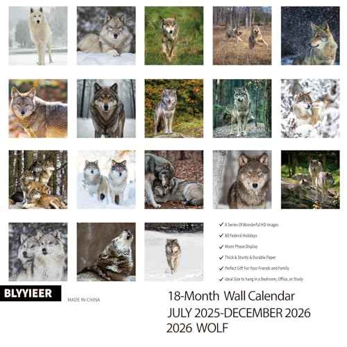 2026 Wall Calendar,Wolf Calendar 2026,Wolf Monthly Wall Calendar, 12" x 24" Open,Family Planner Calendar, Home & Office Organizer,Hangable