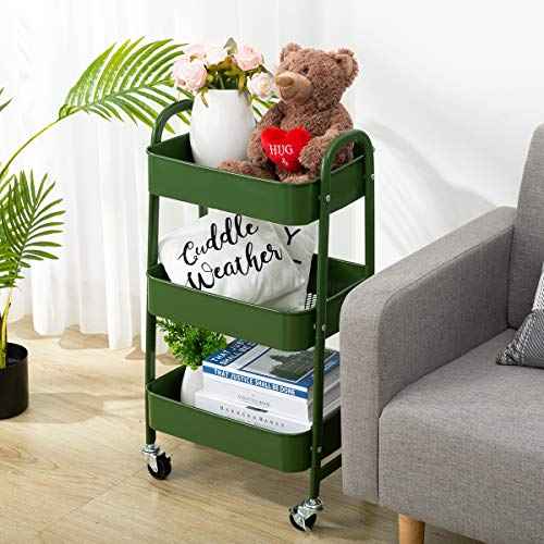 AGTEK Makeup Cart, Movable Rolling Organizer Cart, Bluish Green 3 Tier Metal Utility Cart