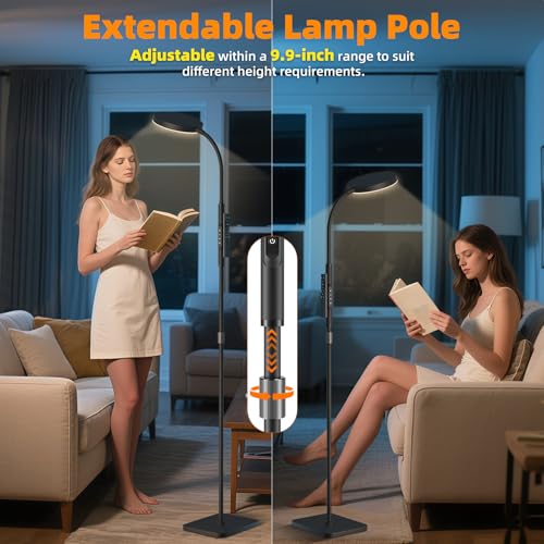 Floor Lamp, Adjustable Height Floor Lamps for Living Room Bedroom, 120 LED Super Bright Standing Lamp Remote & Touch Control Dimmable Gooseneck Tall Stand Reading Lamp for Office Craft, Black