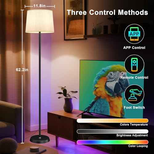 Floor Lamp for Living Room Bedroom,Modern Floor Lamp with Remote, Simple Design with Beige Shade,Foot Pedal Switch,Dimmable Colors Temperature,9W RGB LED Bulb