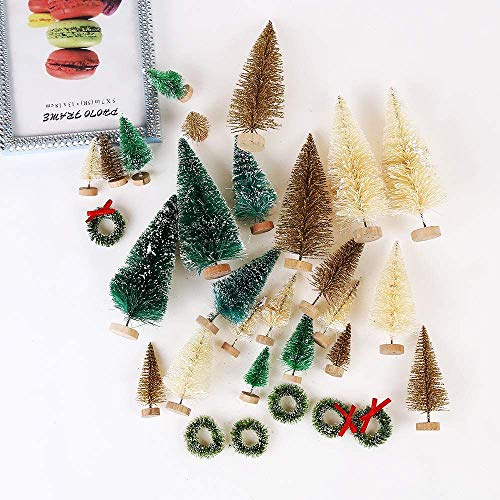 CCINEE 30 Pcs Miniature Frosted Bottle Brush Christmas Trees - 4 Sizes, Wooden Base, 12.5cm/8.5cm/6.5cm/4.5cm 1.3cm Wreath