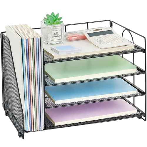 4-Tier Paper Organizer with Magazine Holder, Desk Organizers and Accessories, Office Desk Accessories & Workspace Organizers, Desktop File Organizer for Office Supplies Storage, Black