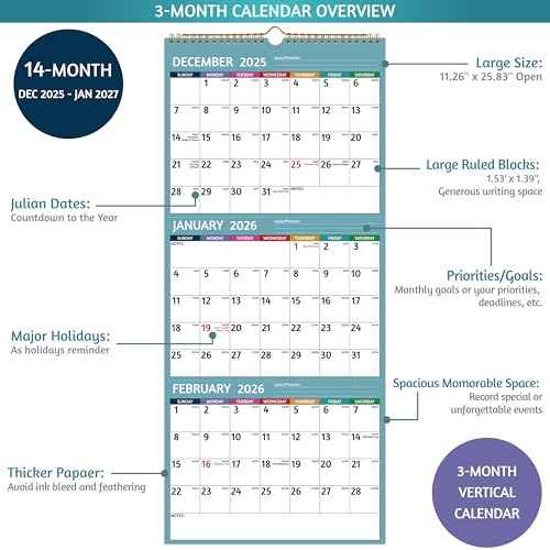 2026 Wall Calendar - 3 Month Calendar 2026 Vertical, Jan 2026 - Dec 2026, 3 Month Wall Calendar 2026, 11 x 26 In Open, 2026 Calendar with Large Print, Holidays, Thick Paper, Priorities £¦ Notes