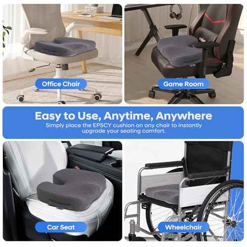 EPSCY Memory Foam Seat Cushion for Office Chair, Car, Airplane & Bleachers ? Ergonomic Support for Sciatica, Hip & Tailbone Pain Relief ? Comfort Pad for Long Sitting, Office Workers & Driver - Grey