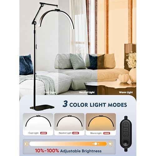 KARITE Half Moon Light for Lash Tech, LED Floor Lamp for Eyelash Extensions with Phone Holder, Adjustable Angle(3 Joints) & Height Desk Lamp for Nail Tch, 3000-6500K for Reading Makeup Tattoo