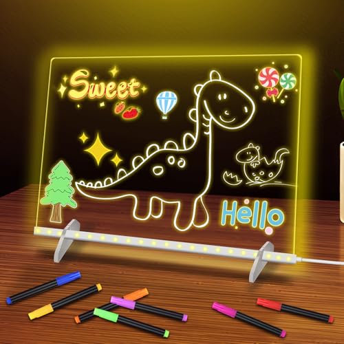LED Note Board with 7 Colors - 13.8"x10" Acrylic Dry Erase Board with Light, 4 Modes Led Drawing Writing Board for Kids with 7 Marker Pen, Light up Message Board with Stand, Glow Rewritable Memo Board