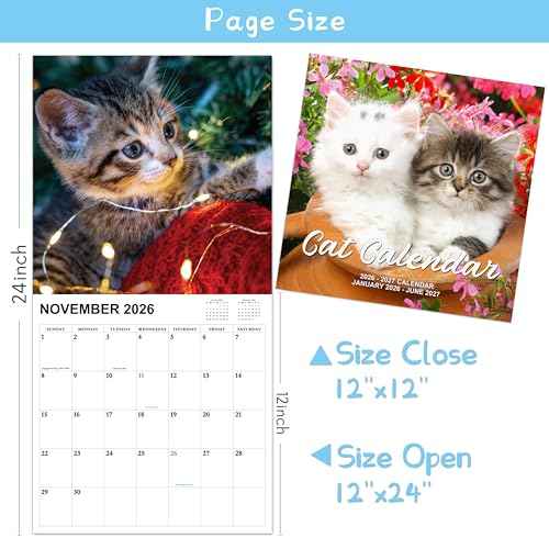 2026-2027 Calendar - 18 Monthly 2026-2027 Wall Calendar from Jan. 2026 - Jun. 2027, Cat Calendar with Unruled Blocks, 12" x 24"(Open) Wall Calendar for Office School Home Planning