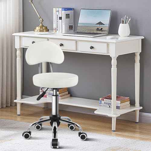 KKTONER Rolling Stool with Mid Back Height Adjustable Chair PU Leather Swivel Chair with Wheels for Office Home Task Drafting (White)