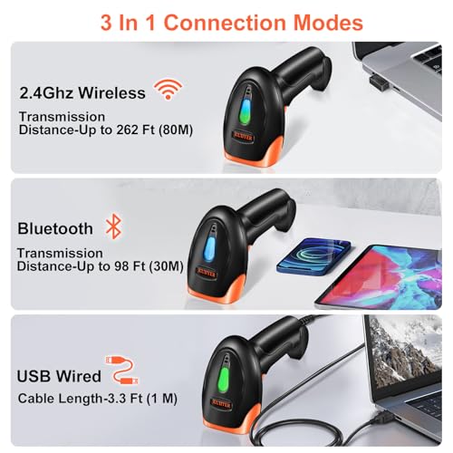 KUIIYER Bluetooth Barcode Scanner, Wireless 2D QR 1D Bar Code Scanners Handheld Barcode Reader with Updated 800 X 600 Pixel CMOS, Plug & Play for iPhone, Android, iPad, Tablet, PC Computers & POS