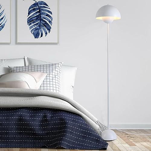 Modern Industrial Corner Floor Lamp for Bedroom, Living Room & Office - 63'' Tall Standing Metal Arched Shade White Lamp