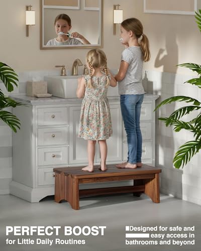 FANATU Walnut Wooden Step Stool 26-Inch Extra Wide Heavy Duty Support 375 lbs