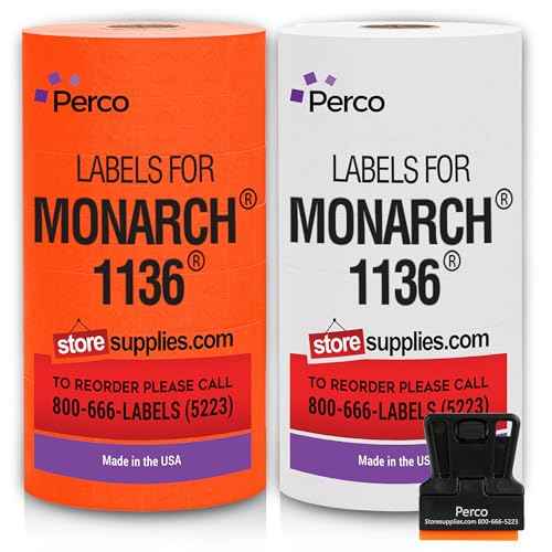 Perco White & Red Pricing Labels for Monarch 1136 28,000 Labels, 2 Sleeves, 16 Rolls Combo Pack Includes Label Scraper & Ink Rolls