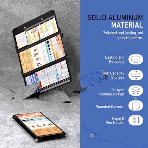 Nursing Clipboard Foldable, Foldable Clip Board w/Nursing Edition Cheat Charts, 3 Layers Aluminum, Nurse Clipboards w/Low Profile Clip & Pen Clip Pocket for Students, Nurses and Doctors, Black