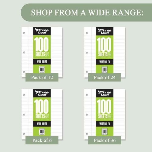 THREE LEAF 100 SHEETS WIDE RULED FILLER PAPER, PACK OF 36, LOOSE-LEAF SHEETS FOR SCHOOL AND OFFICE 100 CT. FILLER PAPER, NOTEBOOK PAPER