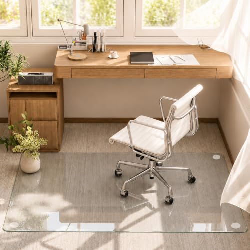 30x48 in Tempered Glass Chair Mat - Heavy-Duty Clear Glass, 0.2" Thick, 27 lb, 1200 lb Capacity, Anti-Slip Pads, Easly