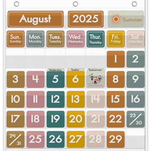 Classroom Calendar Pocket Chart for Kids Learning, Boho Classroom Calendar Decor with Special Educational Cards Teacher and Classroom Must Have Supplies