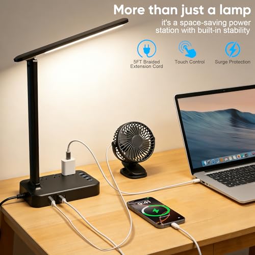 Karidi LED Desk Lamp with Power Strip, USB-C & AC Outlets, Dimmable Touch Light