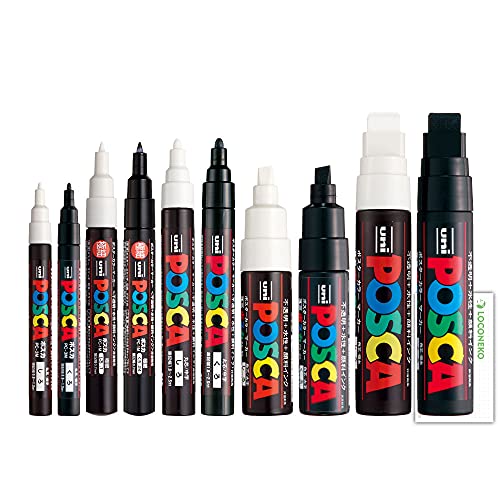 Posca Paint Marker Mixed Size Black&White Marker Pack (Set of 10) , Mitsubishi Uni Poster Color Marking Pen PC-1M, PC-3M, PC-5M, PC-8K, PC-17K + Loconeko Original Manual Set