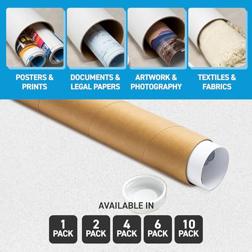 6 Pack Kraft Mailing Tubes 24 Inch with End Caps - Shipping & Art Storage