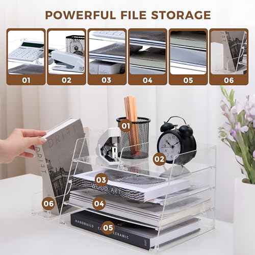 Acrylic Desk Organizer 4-Tier with Vertical File Holder ? Durable Letter Tray & Book Organizer for Home Office, Magazines, Documents & Stationery ? Sleek Modern Space Saver