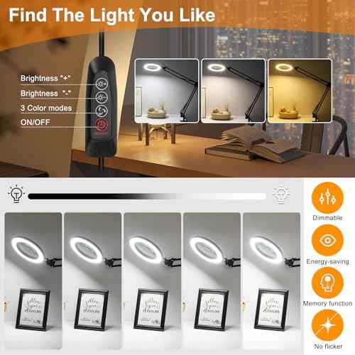 Large 10X Magnifying Glass with Light, 5 in Real Glass Stand Lighted Magnifier, 3 Color Modes Steepless Dimmable LED Magnifying Desk Lamp with Clamp, Hands Free for Close Work Crafts Hobby