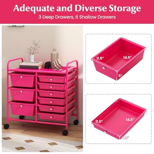Moccha 9-Drawer Rolling Storage Cart - Hot Pink, 2 Large 3 Small Drawers, Under-Desk Mobile Organizer