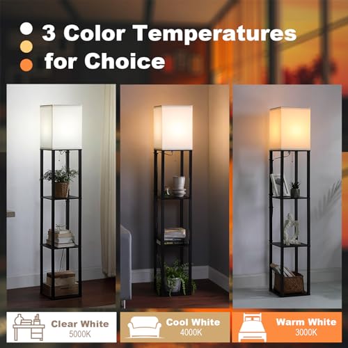 Floor Lamp with Shelves, Shelf Floor Lamps for Living Room with 2 USB Charging Ports and Power Outlet, 3CCT Modern Corner Square Display Standing Lamp 4-Tier Tall Bookshelf Lamp for Bedroom
