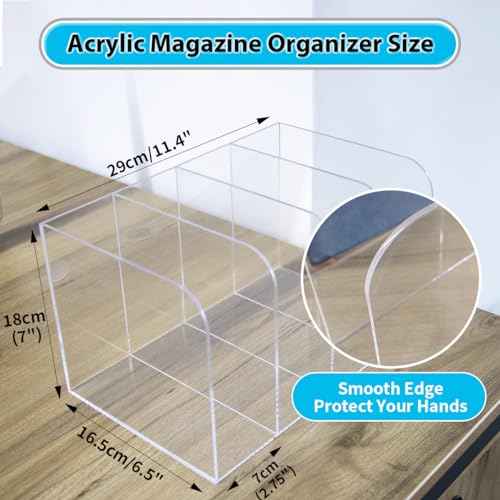 Acrylic Magazine File Holder, Vertical Desk Organizer File Sorter with 4 Compartments, Clear Mail Organizer Office Organization Storage Bins Holding for Magazine, Binder, Books