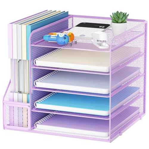 Marbrasse Desk Organizers and Accessories, 5-Tier Paper Letter Tray Organizer with File Holder, Mesh File Organizer, Office Desk Accessories & Organization for Supplies (Purple)