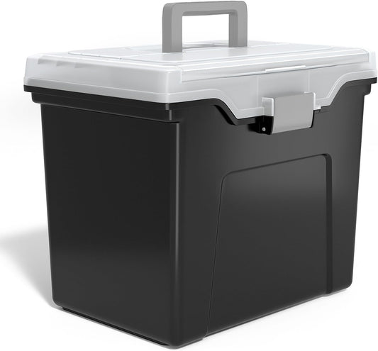 STAPLES File Folder Tote - Portable Filing Box for Letter Size Folders with Security Latch | Black/Clear