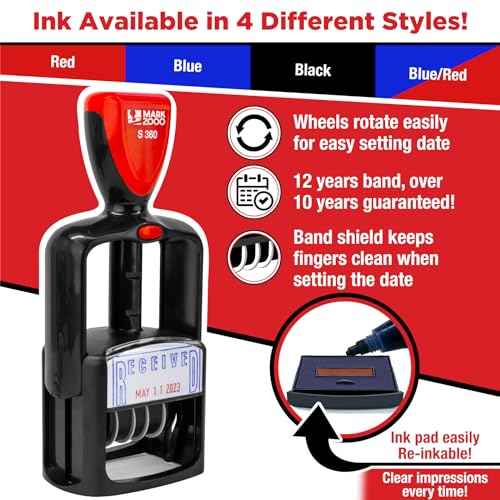 Self-Inking Rubber Date Office Stamp with Received Phrase - Blue Ink & Date Red Ink - 12-Year Band