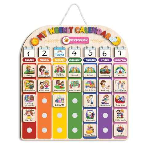 Wooden Weekly Calendar for Kids, Kids Weekly Planner, Large Week's Routine 15x16 inch 194 Cards, Daily Weekly Routine for Boys Girls Age 3+