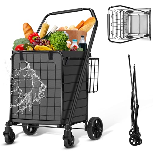 HABUTWAY Grocery Cart on Wheels for Groceries, Folding Shopping Carts with Liner, 110LBS Large Capacity Jumbo Grocery Cart with Dual Basket, 360¡Æ Rolling Laundry Cart, Lightweight Trolley for Senior