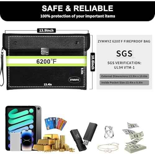 6200¢µ Insulated Fire Proof Money Bag for Cash with Lock,Fireproof Waterproof Document Pouches with Double-Sided Reflective Strip,Money Envelopes for Cash,Valuables,Jewelry