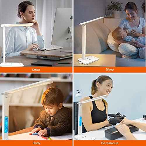 Desk Lamp with Wireless Charger£¬USB Charging Port, Dimmable Office Desk Light with Clock, Alarm, Date, Temperature, Foldable Lamp for Table Bedroom Bedside Office (White, Standard Size-13.3 inch)
