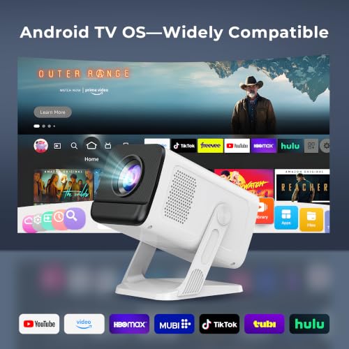 LYNCAST White Android 14 Mini Projector 1080P 4K Support, Built-in Apps, Wi-Fi 6