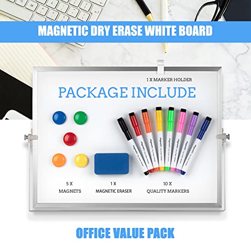 Cazeyoo Magnetic Desktop Whiteboard 16x12 Inch with Stand - Double-Sided Dry Erase Board, 10 Markers & Accessories, Metal Frame - Portable Office & Kids Drawing