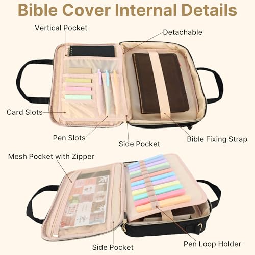Bible Cover Case for Women, Large Quilted Bible Bag with Shoulder Strap and Handle, Bible Study Supplies Journaling Kit with Highlighters Pens No Bleed Tabs Notebook Cross Clips (Black)
