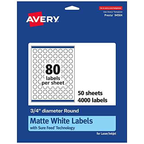 Avery Matte White Round Labels, Sure Feed Technology, 3/4" Diameter, 4,000 Matte White Printable Labels