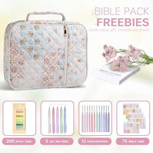 Bible Cover Case for Women Large Bible Cover with Durable Handle Quilted Bible Carrying Case for Girls Bible Study Supplies Accessories (Spliced Flower, Spliced Flower)