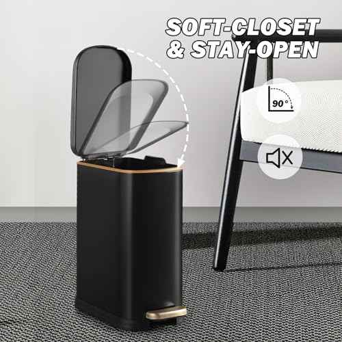 Bathroom Trash Can with Soft-Close Lid 3.5 Gallon Stainless Steel Garbage Can with Removable Inner Bucket Slim Trash Bins for Bedroom, Office (Matte Black)