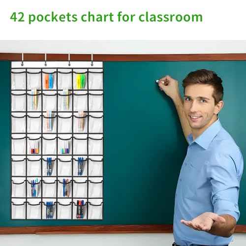 42 Clear Pockets Classroom Pocket Chart for Cell Phones and Calculator, Pocket Chart Organizer for Classroom Phone Storage Holder with 42 Number Sticker and Hooks (White)