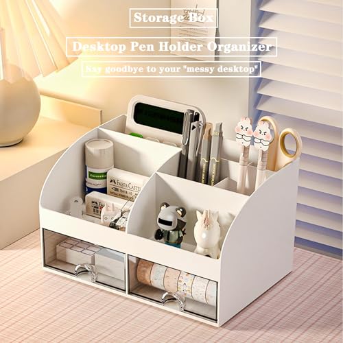 COMFYROOM White Desk Organizer with 6 Compartments & 2 Drawers - 1 Pack