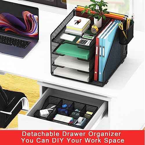 Desk Organizer with Hanging File Holder, Paper Letter Tray Organizer with Drawer and Pen Holder, Mesh Desktop Organizer and Storage for Office Supplies(Black)