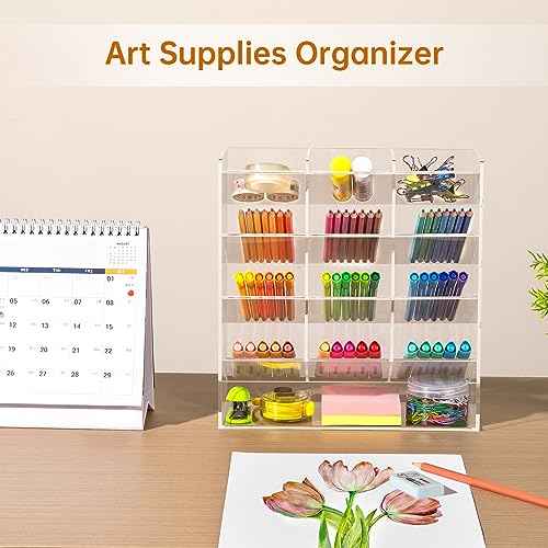 BEYGORM Acrylic Vertical Marker Organizer for 150 Markers with 13 Compartments, Clear Angled Pen & Pencil Holder, Large Desk Stationery & Art Supply Storage for Office & School (10.2 x 9.8 x 4 Inch)