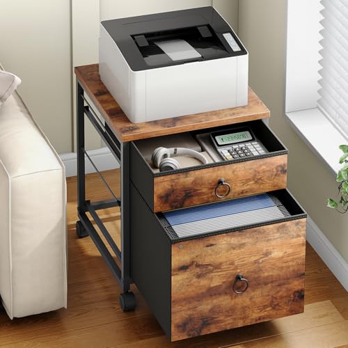 HOOBRO 2-Drawer File Cabinet with Rustic Brown Accent — Mobile A4/Letter Filing & Printer Stand BF21WJ01G1