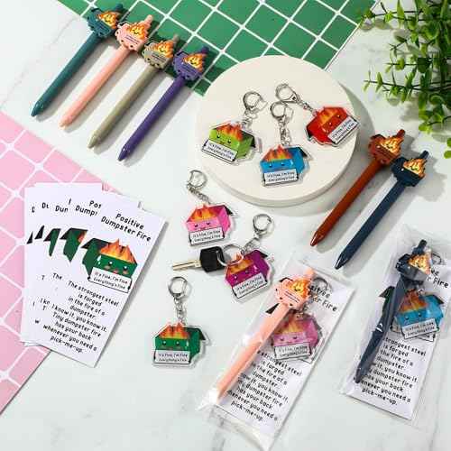 48 Sets Dumpster Fire Gifts Christmas Funny Ballpoint Pens Acrylic Keychains and Bookmarks Employee Emotional Support Appreciation Gifts Bulk for Office Coworkers Staff Team