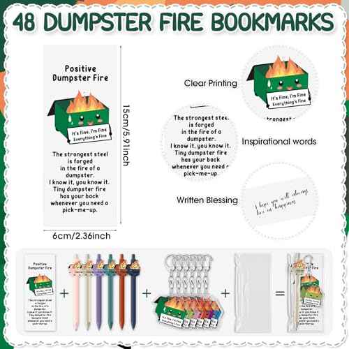 48 Sets Dumpster Fire Gifts Christmas Funny Ballpoint Pens Acrylic Keychains and Bookmarks Employee Emotional Support Appreciation Gifts Bulk for Office Coworkers Staff Team