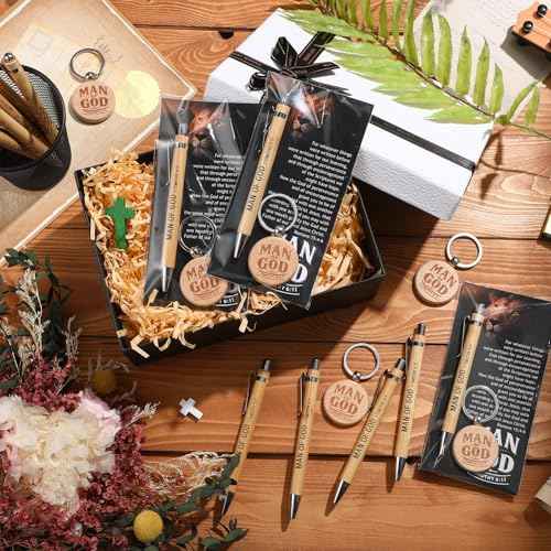 Landical 50 Sets Father Day Man of God Gifts for Men Christian Baptism Gifts, 50 God Keychains 50 Bible Verse Ballpoint Pens 50 Cards Pastor Appreciation Favors for Church Father's Day Supplies